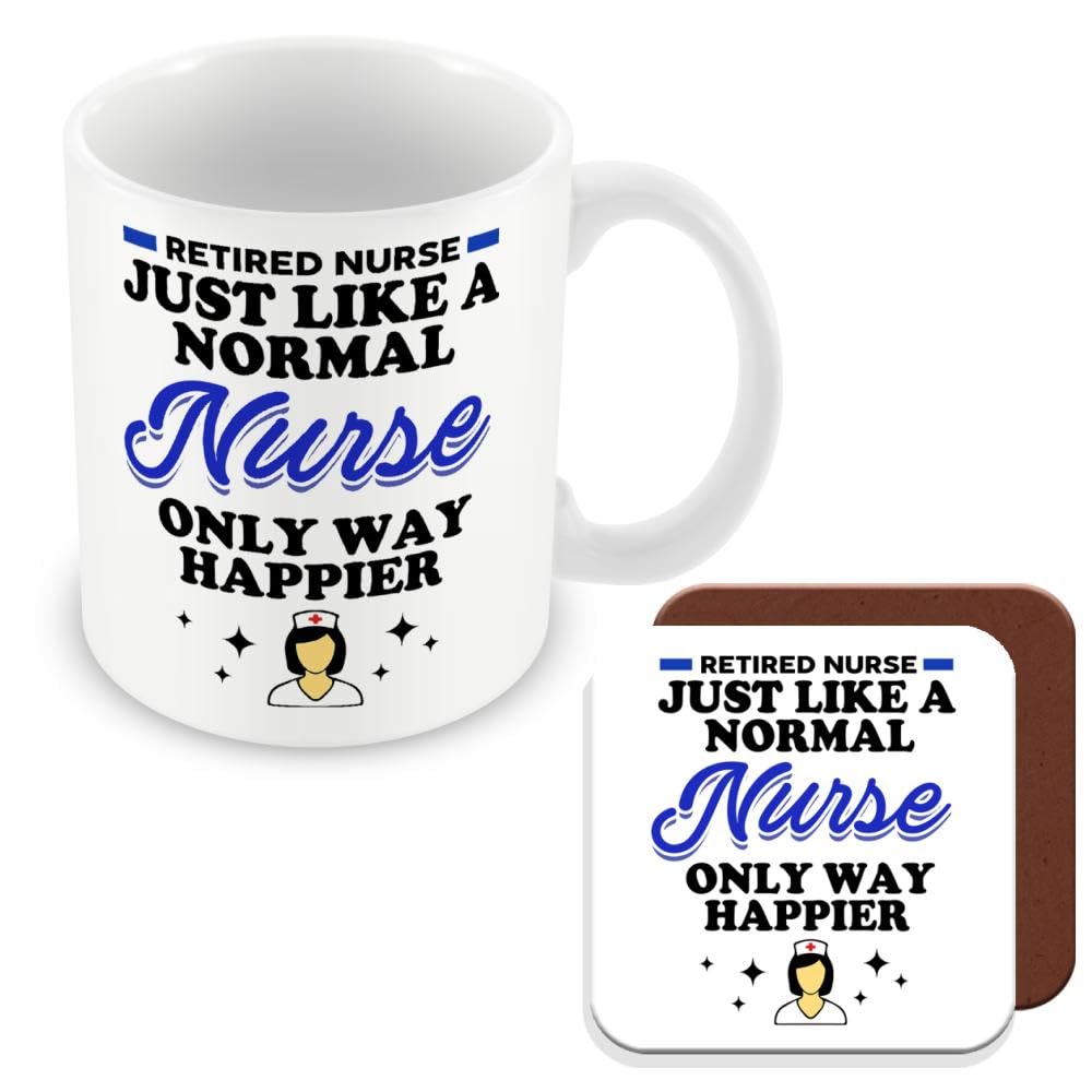 MUGGZ Mug & Coaster Gift for Nurse - Retired Nurse Just Like A Normal Nurse Only Way Happier - Giftset - Made in The UK โ image 1