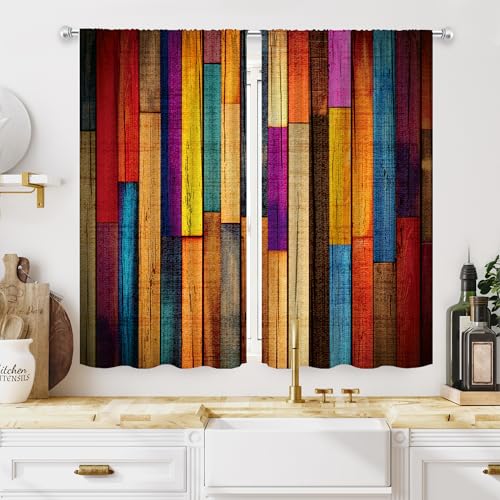 MESHELLY Colorful Farmhouse Rustic Kitchen Curtains 27.5Wx39H Inch Rod Pocket Wooden Barn Door Vintage Western Cabin Country Garage Wood Plank Small Bedroom Living Room Window Drapes Fabric 2 Panels