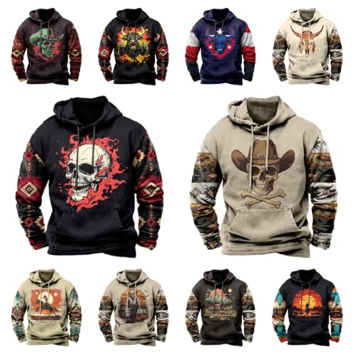 Image of domirica Hoodies For Men Western Cowboy Pullover Big And Tall Comfort Fashion Cool Novelty Graphic Hooded Sweatshirt