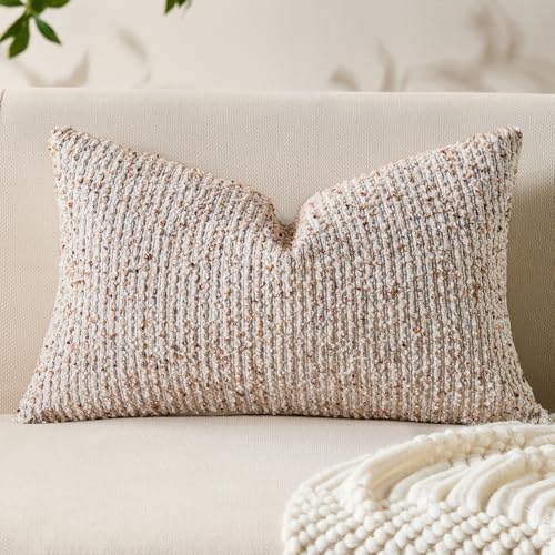 Allorry Decorative Lumbar Pillow Cover 12x20 Beige Striped Soft Wool Lumbar Throw Pillow Neutral Textured Boho Cushion Covers for Modern Farmhouse Sofa Bedroom Living Room Decor SY011-A12