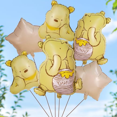 6Pcs Winnie Balloon Set 3D Foil Winnie Bear Balloons for Winnie Baby Shower & Birthday Decorations Vintage Classic Party Decor