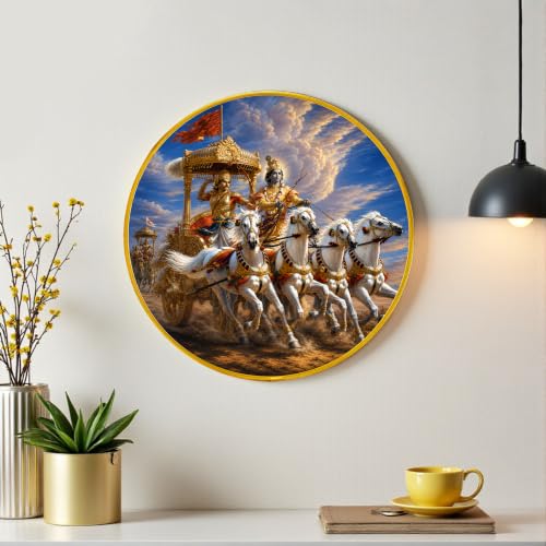 Image of PAINTINGMANTRA Krishna & Arjuna Mahabharata Chariot Framed Wall Art Painting For Living Room|Bhagavad Gita Religious Poster with Round frame for Wall, Decoration item for Home, 12 Inch