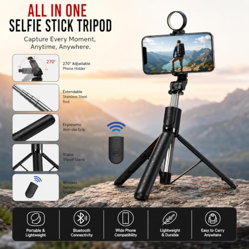 Image of Selfie Stick Tripod 67cm with Bluetooth Remote & Fill Light (7 feet)