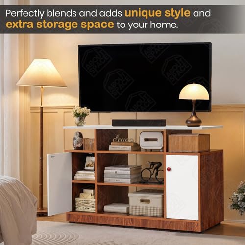 Image of ABOUT SPACE TV Unit - Engineered Wooden TV Stand with Adjustable Shelf Storage Cabinet with Door for Console, Home Theatre for Living Room - DIY Entertainment Unit for 32-50 Inch - White & Oak Red