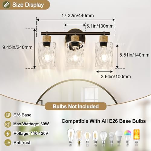Image of MOKATNG Bathroom Light Fixtures, 3-Light Coastal Vanity Lights with Crystal Glass Shade, Oil-Rubbed Bronze Bathroom Wall Lamp for Mirror Kitchen Hallway Cabinet