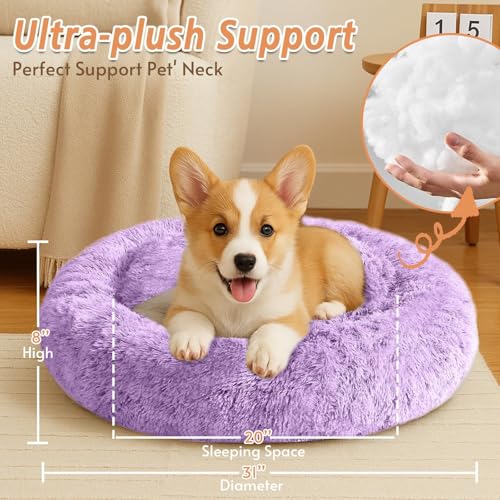 Image of JOLLYVOGUE Calming Dog Bed Medium Size Dog, 31in Donut Washable Medium Pet Bed, Anti-Slip & Anti-Anxiety Fluffy Faux Fur Round Dogs Bed, Fits up to 45 lbs Pets (Purple)
