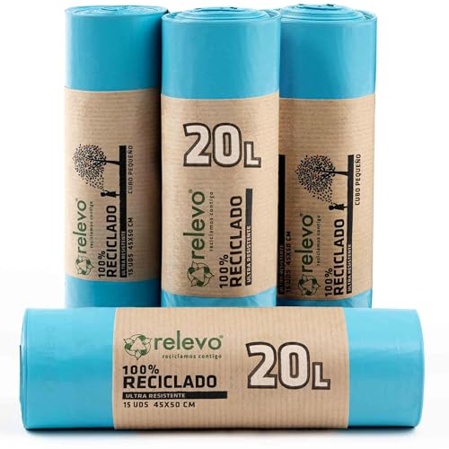 Relevo 100% Reciclado Bolsas de Basura, con autocierre, extra resistentes 20 L, 60 bolsas