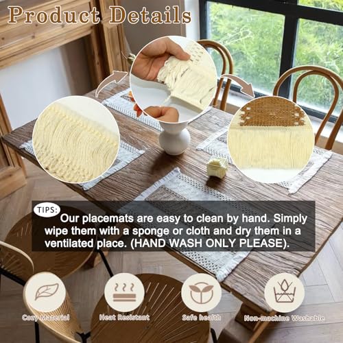Boho Placemats and Cork Coasters Pack of 6,Natural Cotton Burlap Place Mats and Cork Coasters, Macrame Table Decor Dining Table Home Kitchen Décor for Party,Birthday,Anniversary and More