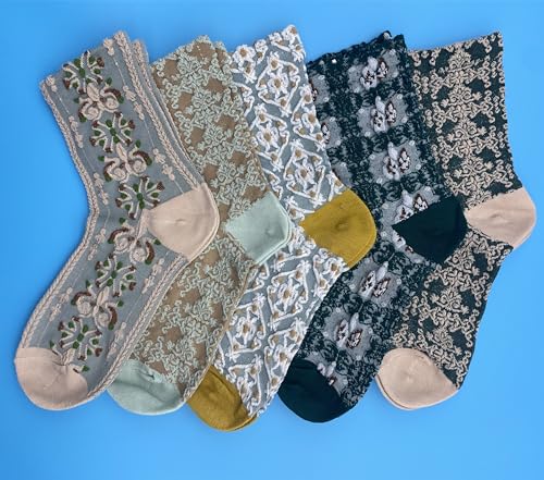 5 Pairs Women's Floral Nordic Stripe Textured Cotton Socks, Girls Vintage Cute Flower Sweet (5-E)2