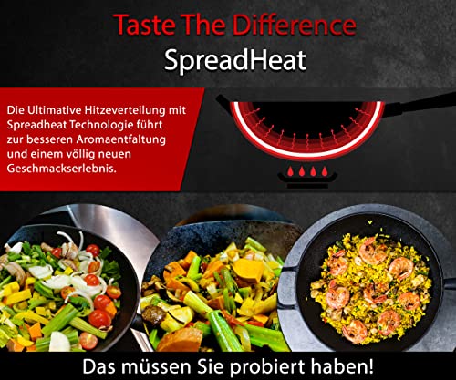 Foto von Oakfire Gusseisen Wokpfanne 31cm mit Non-Stick Patina, Deckel & Holzgriff - Große Wokpfanne für Induktion - Hochwertiger Gusseisen Wok für Induktionsherd - Die Perfekte Wok für Gasgrill