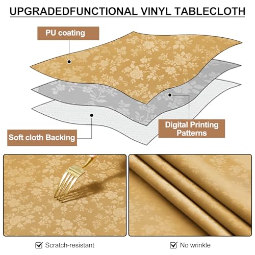 Image of Smiry Rectangle Table Cloth, Waterproof Heavy Duty Vinyl Tablecloths, Wipeable Washable Table Cover for Kitchen and Dining Room (Gold, 60 inch X 120 inch)