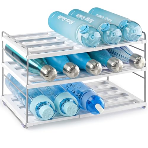 mepure Extendable Water Bottle Storage Organiser, Adjustable Bottle Holder for Kitchen & Cupboard Storage, 3 Tier Wine Rack for Multifunctional Water Bottles, White