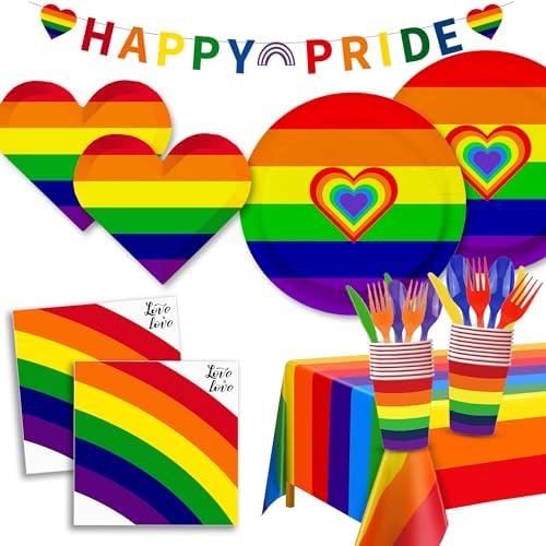 Pride Decorations,177PCS Pride Party Plates and Napkins Set Serves 25,Rainbow Pride Decorations Includes Plates,Napkins,Cups,Tablecloth,Banner,Knife,Fork and Spoon for Gay Pride Month Party Supplies