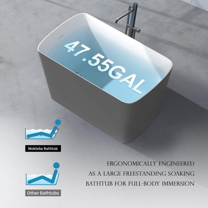 Image of 47 inch Lucite Acrylic Freestanding Bathtub,Square Shape Janpanese Soaking Tub,Toe-tap Chrome Right Drain, Slotted Overflow, cUPC Certified,Glossy 37Gray