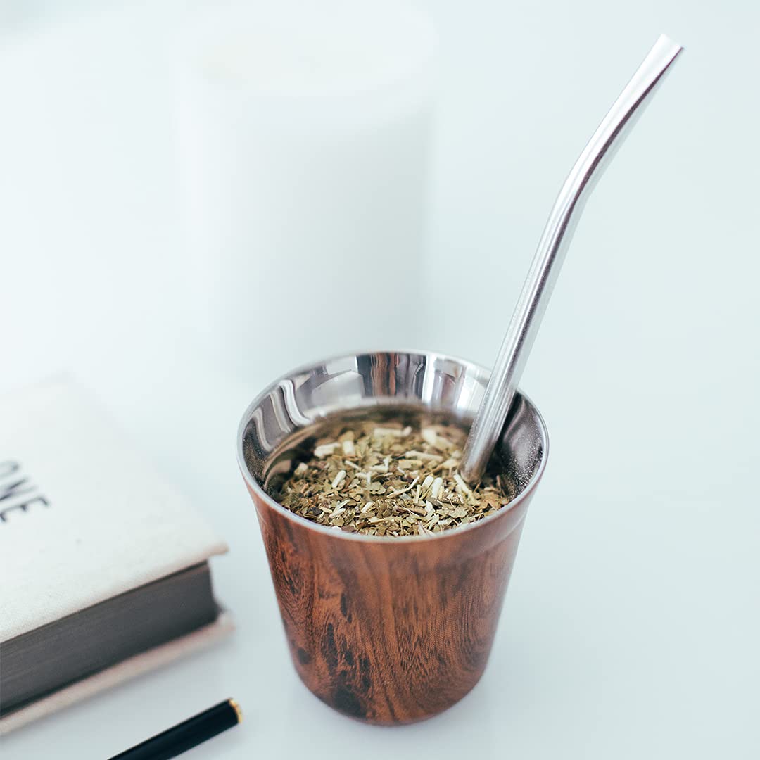 Kalmateh Yerba Mate Small Zucca Set di 2 tazze Mate include 2 Bombillas e una spazzola per la pulizia, doppia parete in acciaio inox 18/8 (legno, 141,7 g)
