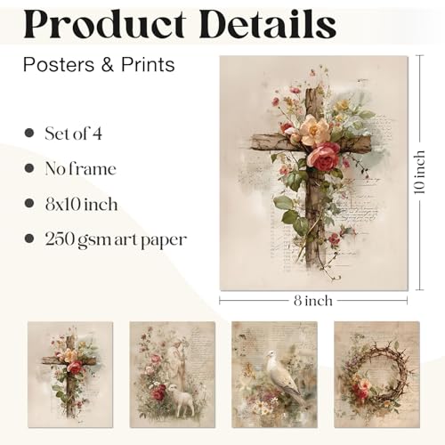 Image of WEFKODO Vintage Floral Christian Jesus Decor Wall Art, Retro Christian Pictures Wall Decor for Home Bathroom Reading Room Church Bedroom, Cross Sheep Jesus Posters Prints 4Pcs, 8x10 Unframed