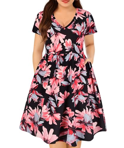 Image of RITERA Plus Size Dresses for Curvy Women Summer Spring Womens Dress V Neck Short Sleeve Casual Dress with Pockets XL-5XL