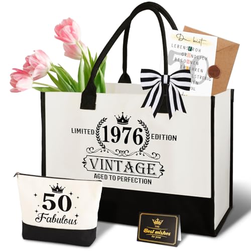 Giftota 50. Geburtstag Geschenk Frau – Vintage 1976 Canvas Einkaufstasche Tragetasche Kosmetiktasche Set mit Grußkarte – 50. Geburtstagsgeschenk für Mama, Freundin, Kollegin oder Schwester