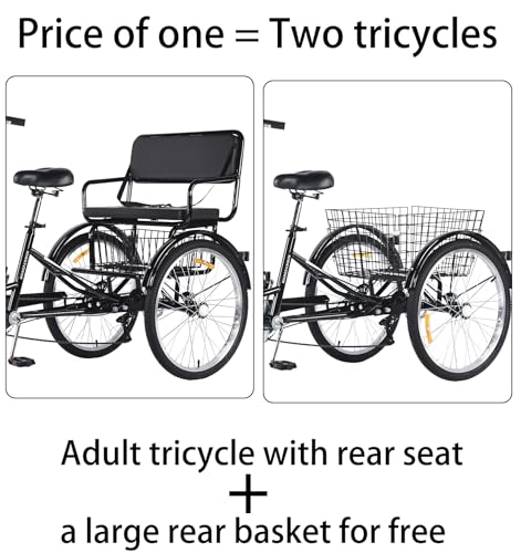 Triciclo para adultas de 24 pulgadas, 7 velocidades, tipo paseo, con asiento trasero intercambiable y canasto, marco trasero extendido de 44 pulgadas, acero de alto carbono miniatura 6
