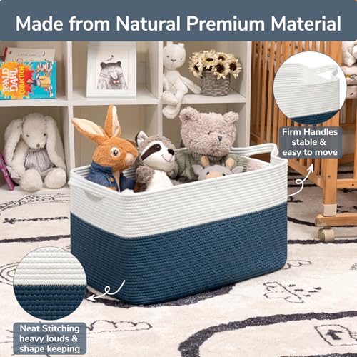 Goodpick Large Storage Baskets for Organizing, Woven Baskets for Storage, Blanket Basket Living Room, Rectangle Dirty Clothes Basket for Laundry, 21.6" x 14.9" x 11.8", Blue
