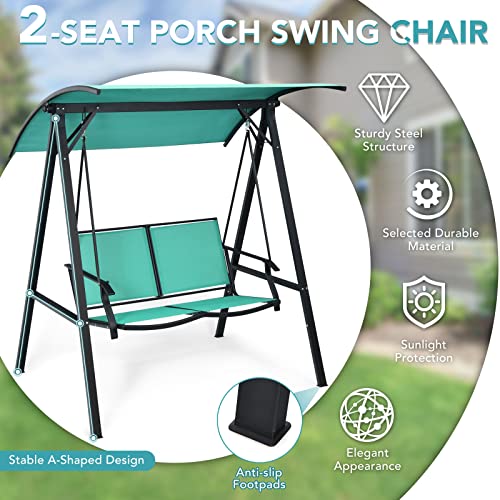 Image of Tangkula 2-Person Patio Swing, Weather Resistant Porch Swing with Adjustable Canopy, Steel Frame, Outdoor Modern Canopy Swing with Handrails, Suitable for Porch Garden Poolside (Green)
