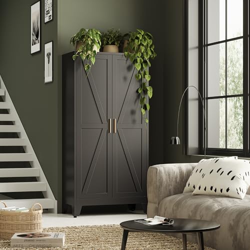 Image of Bevivog 61 inch Kitchen Pantry Cabinet, Farmhouse Metal Storage Cabinet with 2 Doors and 3 Adjustable Shelves, Metal Pantry Closet Cabinets for Kitchen Bathroom, Home Office, Living Room