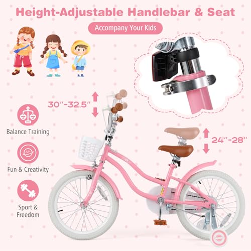 Image of BABY JOY Kids Bike, 12 14 16 18 20 Inch Boys Girls Bike w /Removable Basket | Kids Bicycle with Adjustable Seat & Handlebar, Handbrake & Coaster Brake, Training Wheels or Kickstand (Multi-Color Choices)