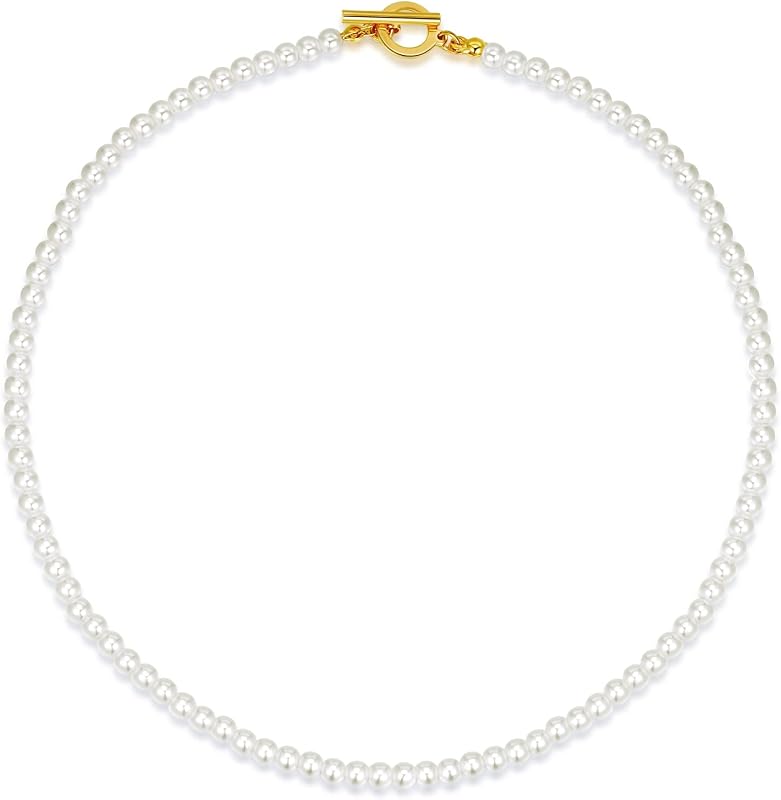 Luxval Gargantilla de perlas para mujer, joyería de perlas blancas crema, chapado en oro de 14 quilates, hecho a mano, delicado collar con cierre de palanca para mujer, regalos de joyería