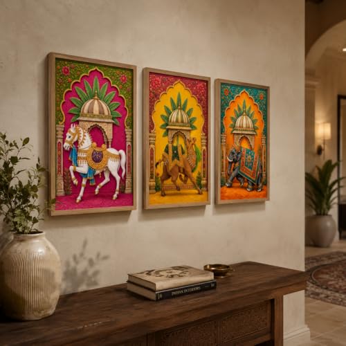 Image of Livin'luxe Set of 3 Royal Animal Palace Wall Paintings for Living Room Bedroom Hallway Decor with Premium Wooden Color Synthetic Frame (13.5 x 19.5 Inch) NM03-98
