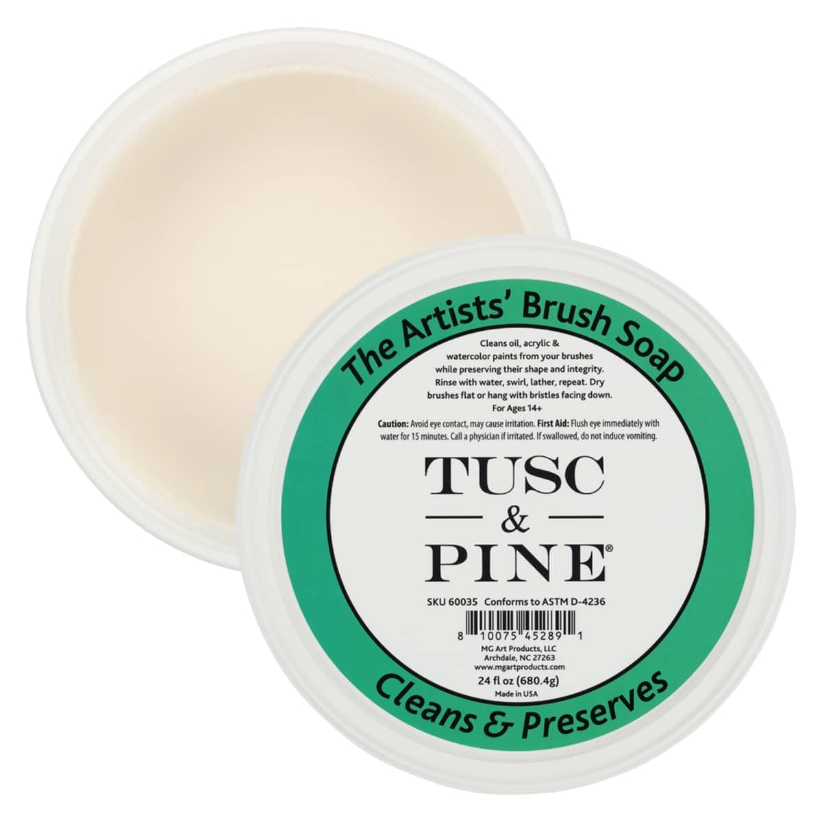 Tusc &amp; Pine The Artists' Brush Soap - 4 Pack, 24oz Plant-Based Brush Cleaner, Oil, Acrylic, Watercolor Paint - Nourishes Bristles; Made in North Carolina; Alkali Soap, Gentle Pine Fragrance