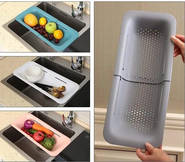 Miniatura 4 de Cesta coladora para colocar sobre el fregadero, lavar verduras y frutas, escurrir la pasta cocida y platos secos, extensible, artículos esenciales