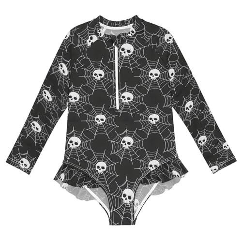 ALAZA Sugar Skull Web Halloween Girls One Piece Swimsuit Long Sleeve Rash Guard Swimsuits UV 50+ Swimwear Zipper