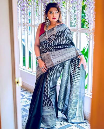 Image of Flosive Women's Kanjivaram Silk Saree With Beautiful Blouse With Zari Border