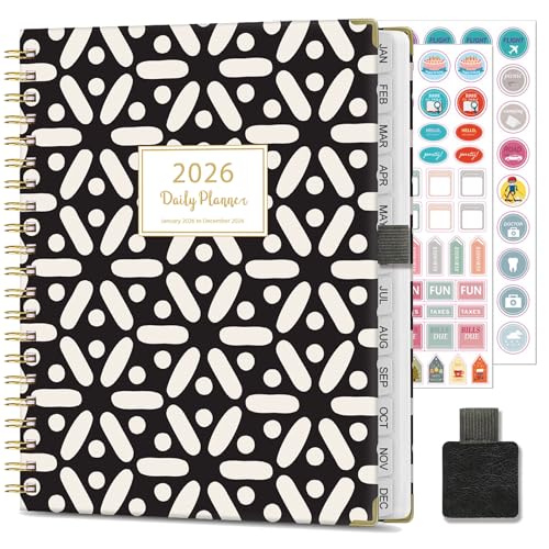 Gumiho Agenda semanal 2026 Espiral – A4 Planner (enero-diciembre de 2026)-Agenda escolar con pinzas para placas, bolsillo, etiquetas mensuales (negro)