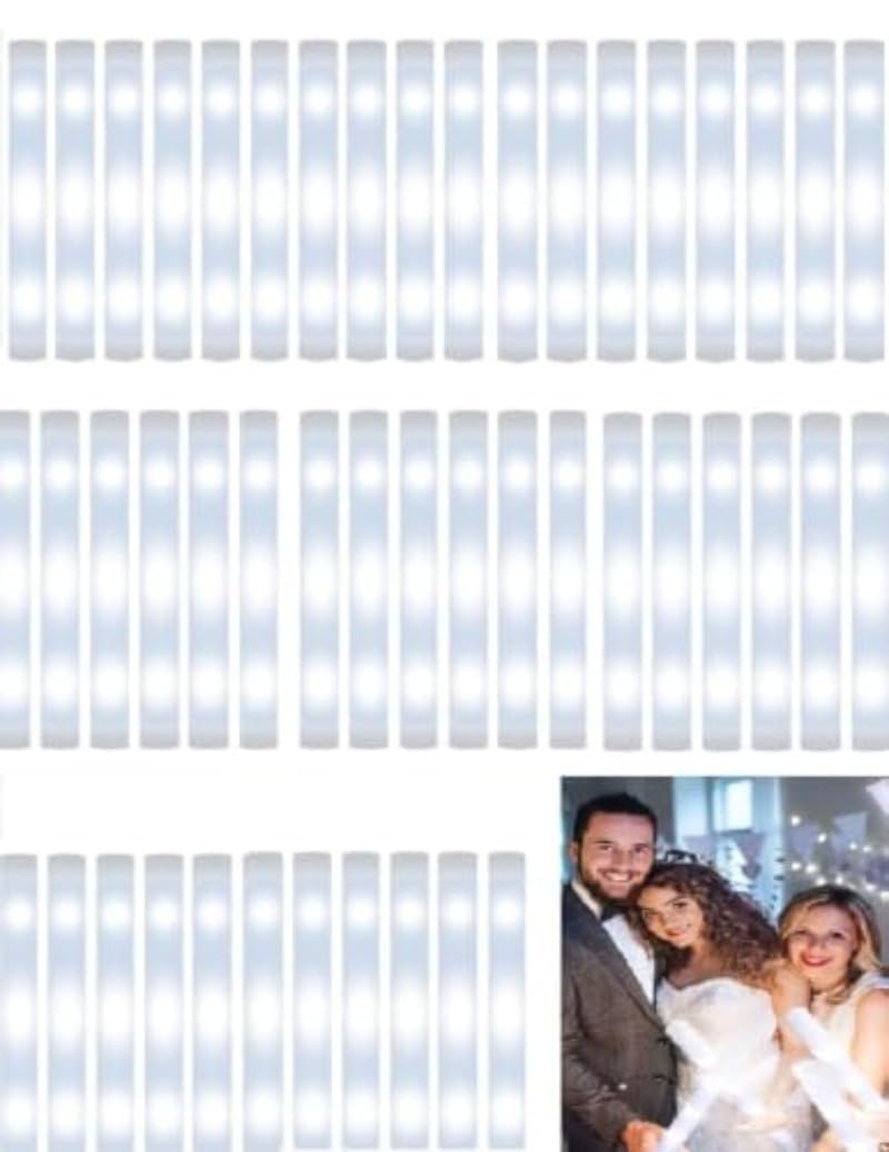 30Pcs White LED Foam Glow Sticks 48cm Battery Operated 10‑Hour Flashing Glow Batons Light Sticks for Concert Night Party Festival Carnival Event Decor，50pcs