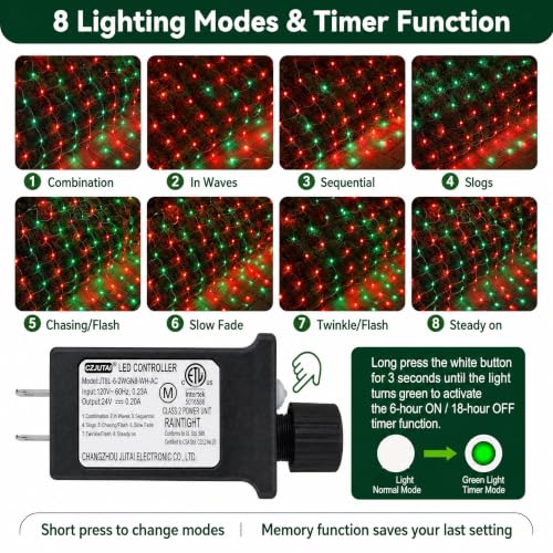Image of Dazzle Bright Christmas Net Lights, 360 LED 12FT x 5 FT Transparent Wire Waterproof Connectable String Lights with 8 Modes for Bushes Garden Party Holiday Decoration (Red and Green)