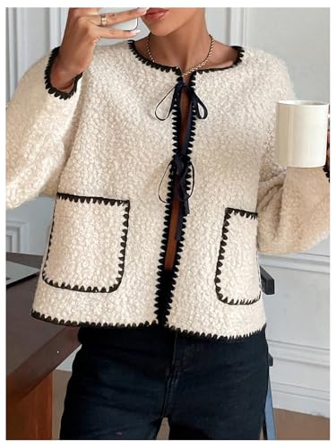 Verdusa Women's Bow Tie Teddy Coat Faux Fur Long Sleeve Jacket Outerwear with Pockets4