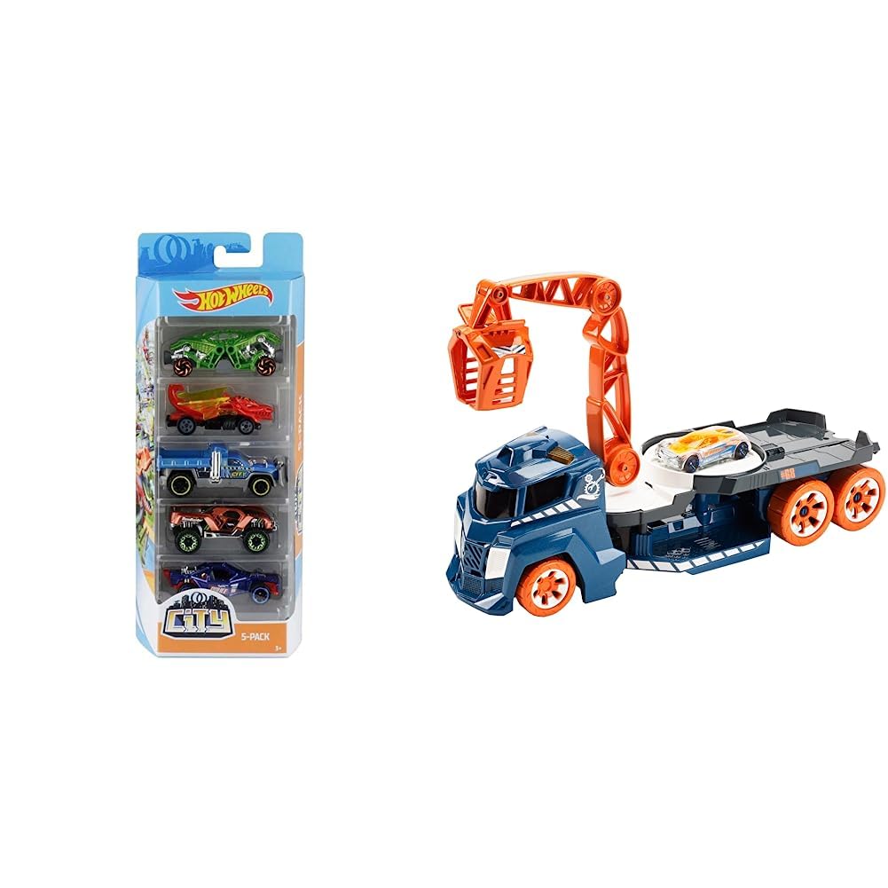 Hot Wheels 5-Car Pack of 1:64 Scale Vehicles & Hot Wheels Spinning Sound Crane Vehicle, Multi Color