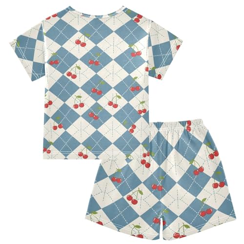 Pajama Short Sets Cherry Diamond Pattern Soft Cotton Summer Sleepwear 2 Piece PJS Size 5-14T2