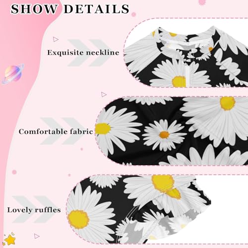 Girls One Piece Swimsuits Long Sleeve Swimsuit Zipper Bathing Suits White Flowers Daisies on Black3