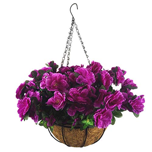 Flo-mynse Mynse Artificial Flower Hanging Basket for Home Market Outdoor Decoration Hanging Silk Flowers Basket with Artificial Azalea Flowers Purple (Big Basket and Artificial Flowers) Flo-mynse