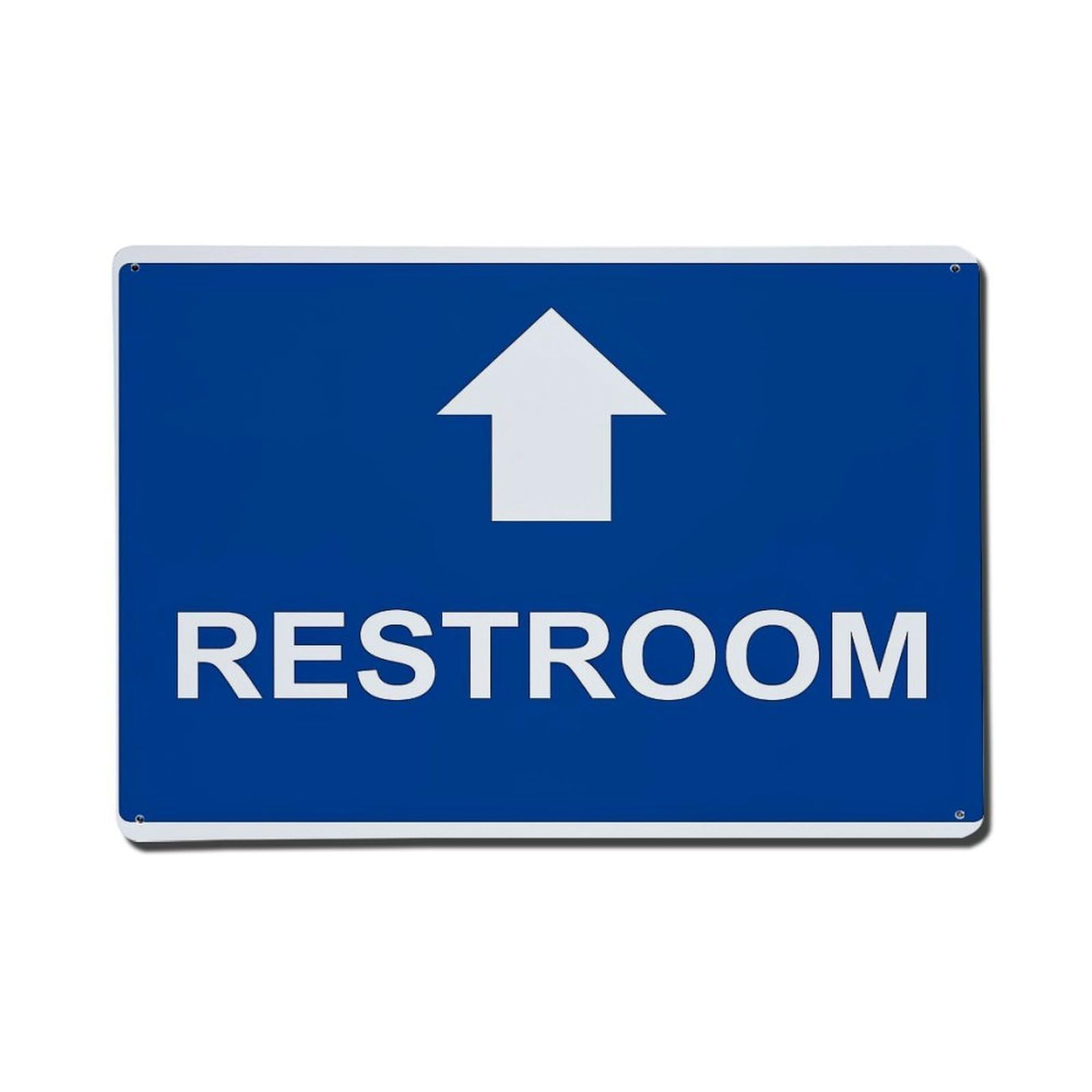 Blue Background White Arrow Restroom Text Metal Tin Sign Plaque
