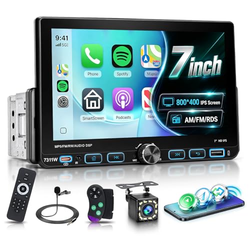 Single Din Car Stereo with Apple Carplay Wireless Android Auto AM/FM/RDS Hodozzy 7 HD IPS Touchscreen 1 Din Car Radio with Bluetooth 5.0 EQ Audio SWC Reverse Camera+USB/Type-C+Remote Control