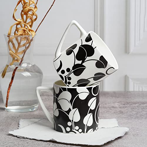 Image of Dandy Lines Puja Black and White Leaf Coffee Mugs, Eco-Ceramic, Pack of 6, Microwave & Dishwasher Safe, Great for Home Use & Gifting