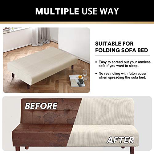 PrinceDeco Stretch Armless Futon Cover Futon Slipcover Full Queen Size Couch Cover Futon Sofa Bed Cover Furniture Protector with Elastic Bottom, Machine Washable, Biscotti Beige - Image 5