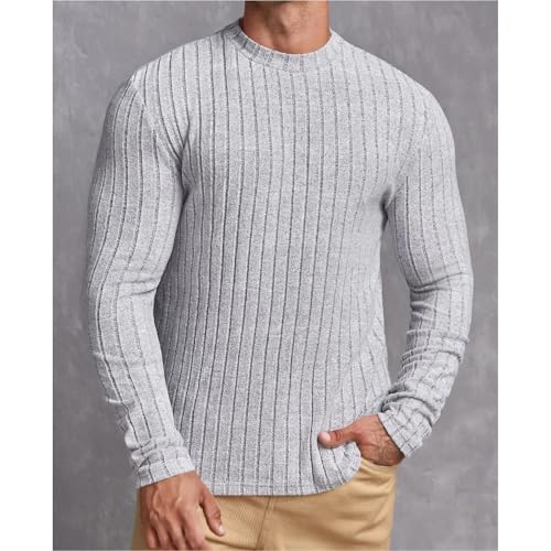 Mens Crewneck Cable Cotton Sweater Casual Long Sleeve Lightweight Slim Fit Knit Crew Neck Stretch Ribbed Undershirts3
