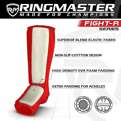 RingMaster Elastic Shin Instep Pads Leg Foot Guard Kickboxing Karate MMA Thai Martial Arts Training (Pair) (X Large, Red) - Image 3
