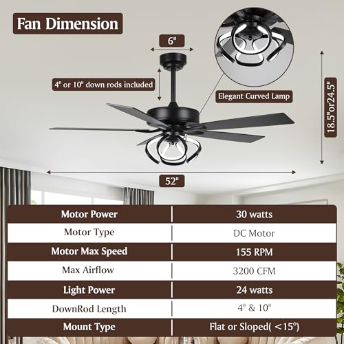 Parrot Uncle 52 Inch Ceiling Fans with Lights for Bedroom, Black Chandelier Ceiling Fan with Remote Control, 3 Speeds, Reverse DC Motor, Dimmable, Color Adjustable, Indoor/Outdoor, ETL - Thumbnail 6