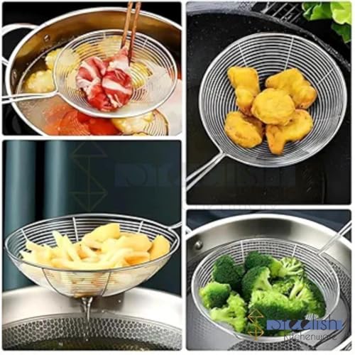 Image of Stainless Steel Jhara for Frying Big Size | Deep Fry Mesh Skimmer Spoon for Frying | Wire Skimmer, Puri Strainer, Cooking Oil Strainer for Kitchen, Durable Long Blue Handle - 16CM, Pack of 4