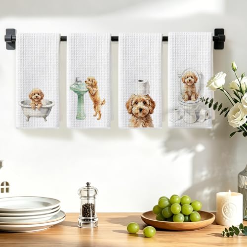 Image of Hanamiya Na 4 Pcs Funny Poodle Bathroom Hand Towels 24x14 Inch, Poodle Gifts Absorbent Microfiber Dish Cloth Towel, Poodles Mom Gifts Waffle Weave Hand Towels for Toilet Home Dog Bathroom Decor